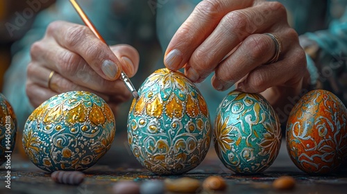 A close-up of hands carefully painting intricate patterns on Easter eggs, with vibrant colors and a soft, natural light in the background, symbolizing the joy of Easter traditions photo