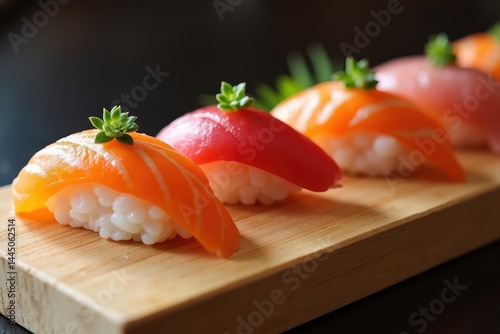 Fresh sushi assortment with salmon tuna on wooden board