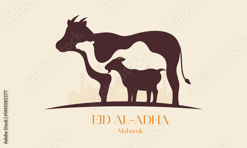 Islamic Eid Al Adha Celebration Flat Background with Sacrificial Animals Silhouette.