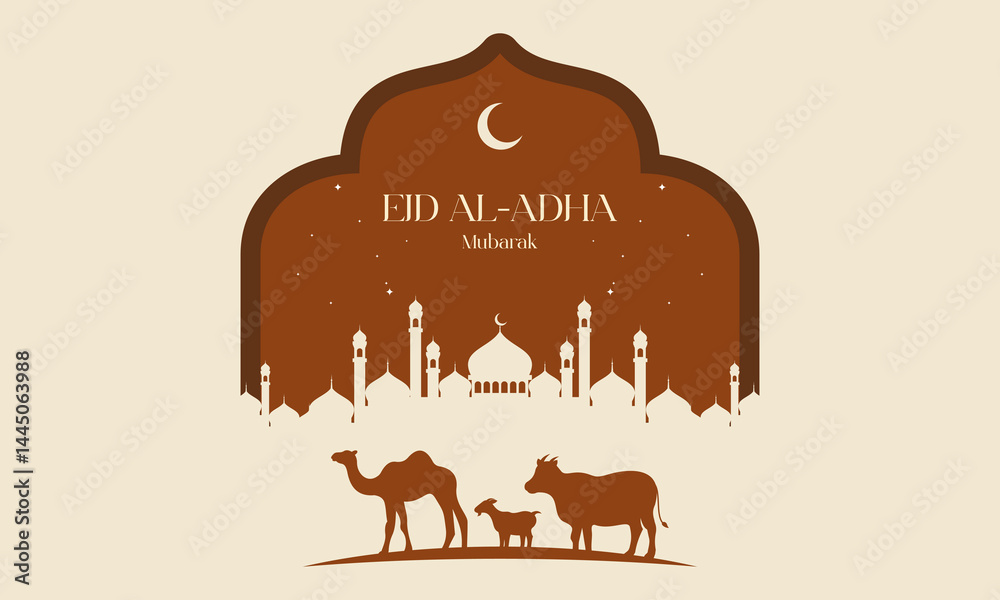 Islamic Eid Al Adha Celebration Flat Background with Sacrificial Animals Silhouette.