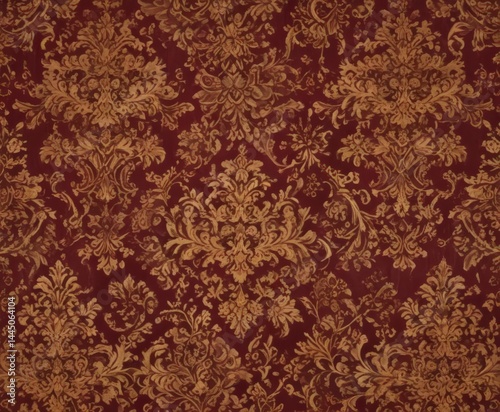 Intricate damask pattern in deep burgundy and gold  Elegant vintage wallpaper texture , design, home decor, motif