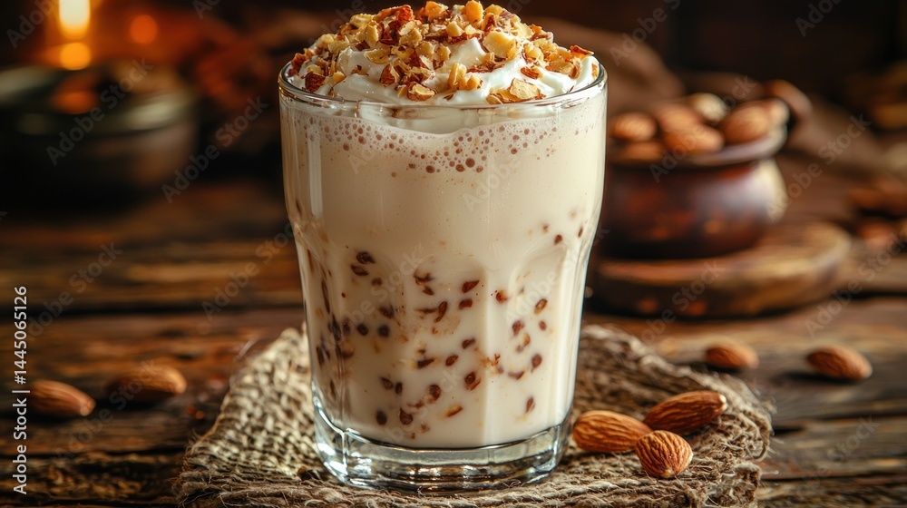 Creamy almond milkshake topped with whipped cream and chopped nuts in a glass.