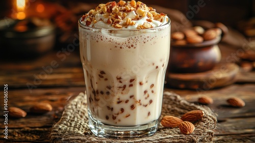 Obraz na płótnie Creamy almond milkshake topped with whipped cream and chopped nuts in a glass. w salonie