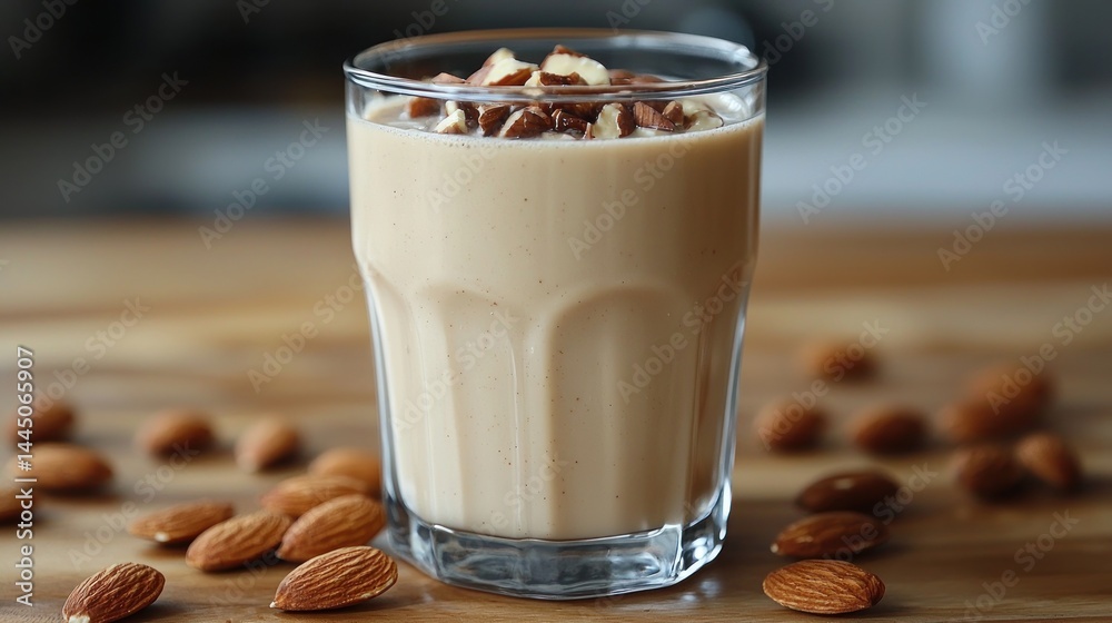 Creamy almond smoothie in glass with almonds.