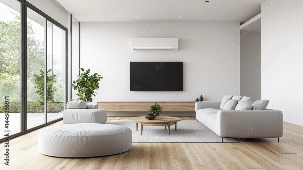 Fototapeta premium Minimalist home interior with a split AC unit above a wall-mounted TV, clean furniture arrangement