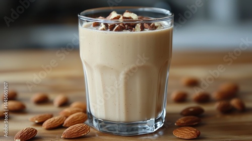 Obraz na płótnie Creamy almond smoothie in glass with almonds. w salonie