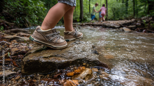 Fototapeta Naklejka Na Ścianę i Meble -  Child exploring forest stream with siblings in background