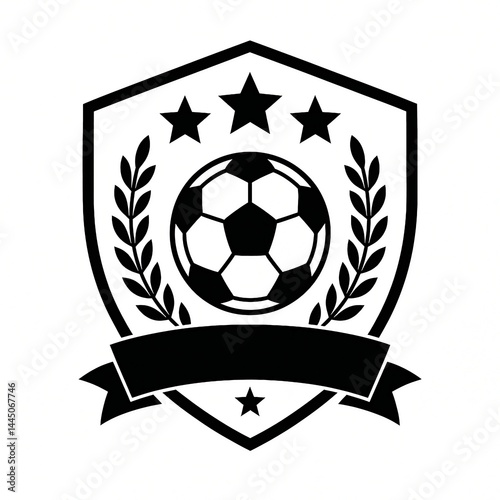 Black and White Soccer Logo with Shield, Ball, Ribbon, and  Stars