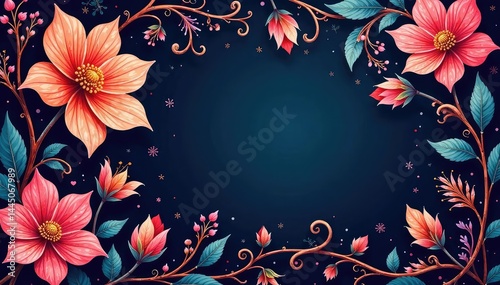 Vibrant paisley blossoms, swirling vines, deep colors, swirl, elegant, surface