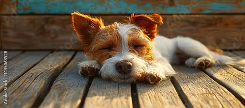 Cute dog sleeping peacefully on a wooden surface in sunlight.
