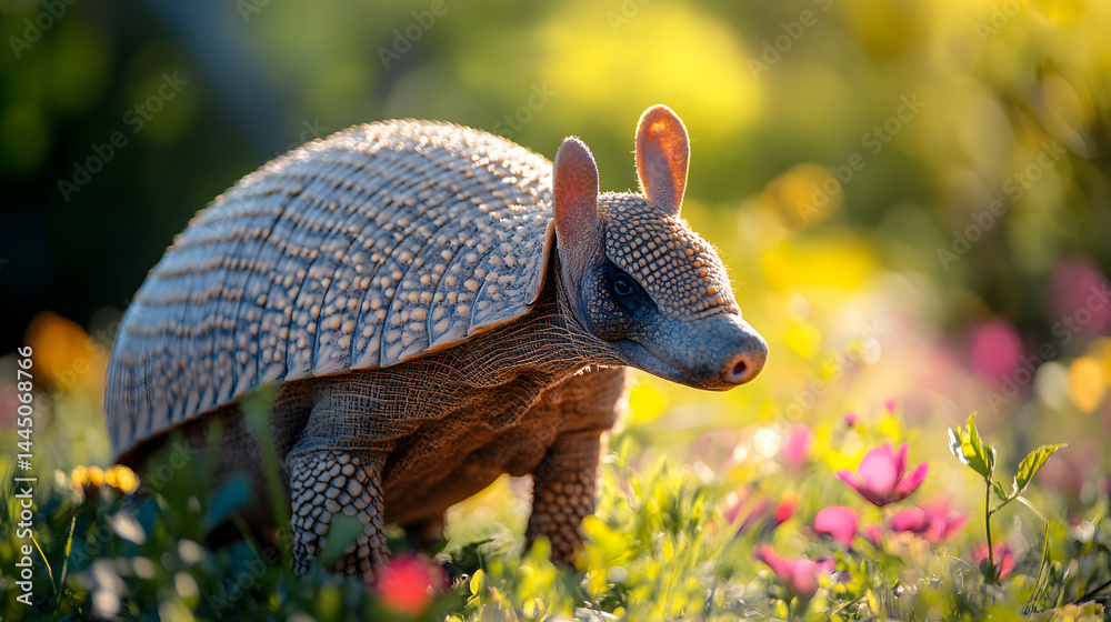 Obraz premium curious armadillo strolls through sunlit blooms