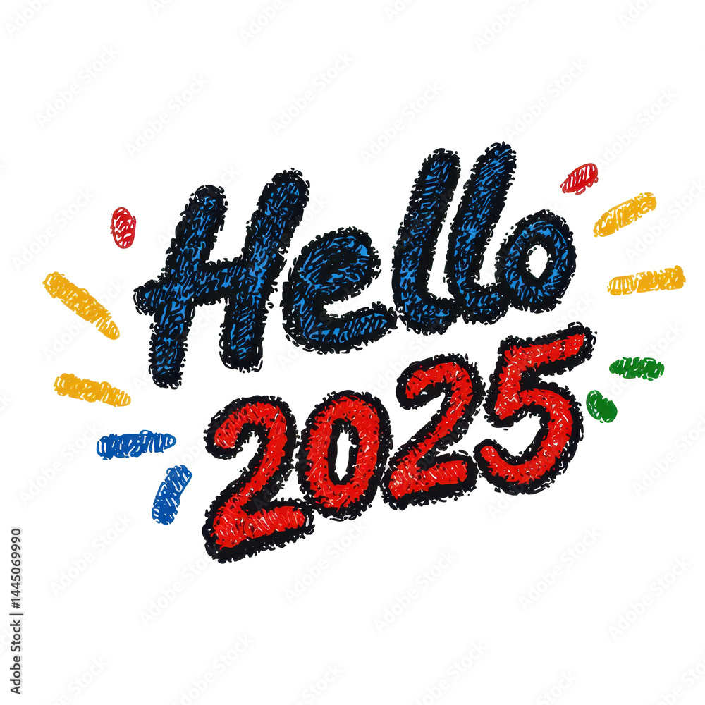Colorful festive greeting design with handwritten style hello 2025 text surrounded by vibrant scribbles and playful decorative elements on transparent background Colorful festive greeting design with handwritten style hello 2025 text surrounded by vibrant scribbles and playful decorative elements on transparent background
