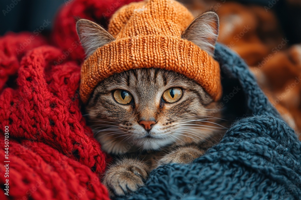 Cute tabby cat wearing an orange knitted hat, nestled in cozy red and blue blankets.