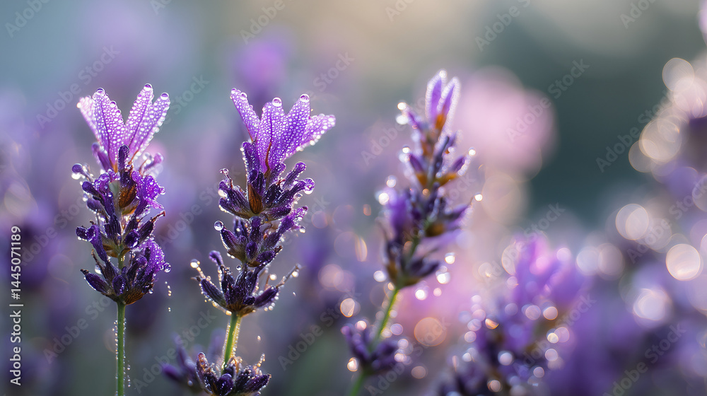 Obraz premium Lavender Flowers Covered in Morning Dew with Soft Bokeh Background, Macro Shot of Aromatic Blossoms in Purple Hue