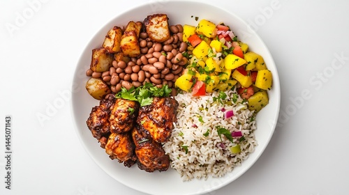 Top down view of Belizean rice bean served stewed chicken potato salad plain white background traditional Belize cuisine colorful island style dish Caribbean lunch cut out isolated transparent