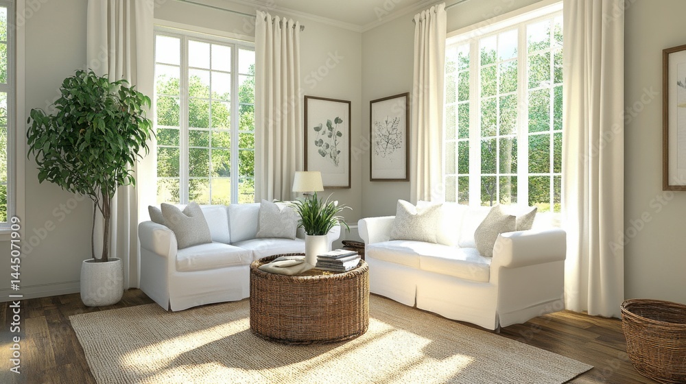 Fototapeta premium Simple living room with pastel walls and white split AC unit placed above central seating