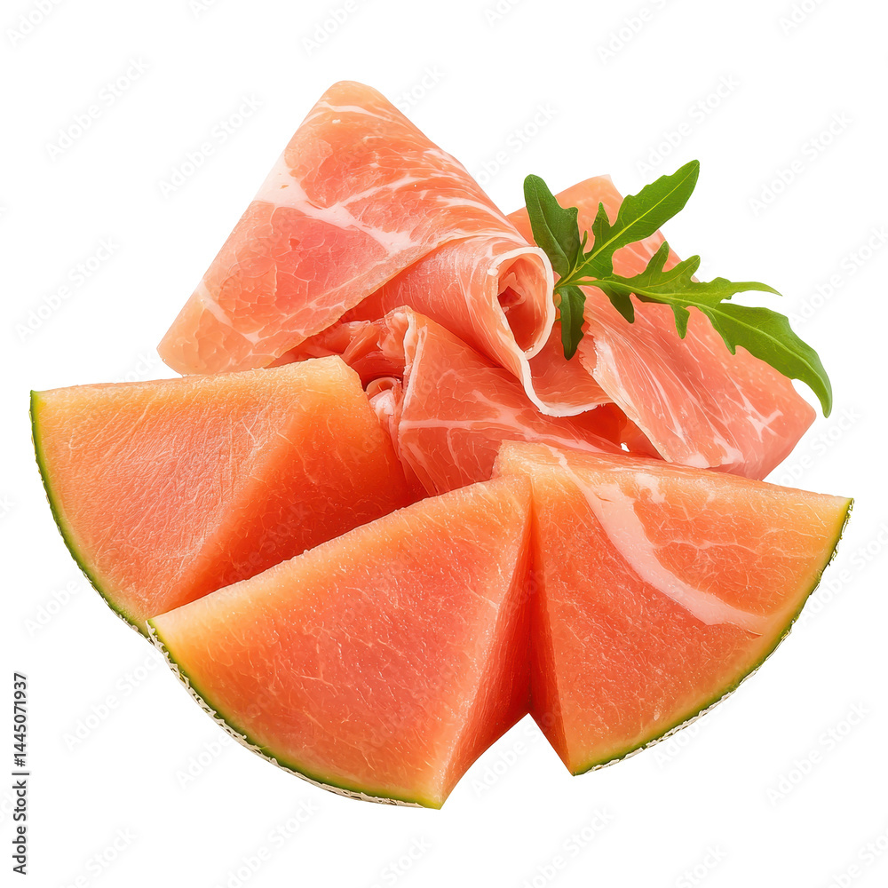 Juicy fresh sliced watermelon with thin prosciutto slices and green arugula on transparent background for healthy eating snack or summer refreshment. Juicy fresh sliced watermelon with thin prosciutto slices and green arugula on transparent background for healthy eating snack or summer refreshment.