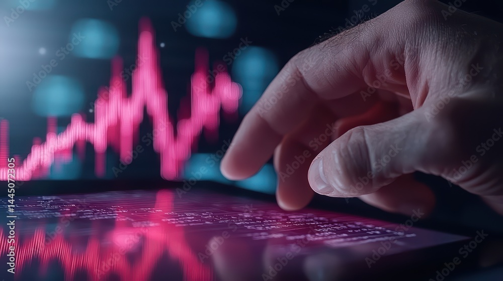 Hand on Tablet Displaying Graph with Data Analysis Background