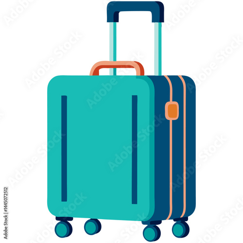 Teal rolling suitcase with handle in modern flat design style