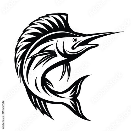 Bold Black and White Marlin Fish Tattoo Art Illustration, Aquatic Predator Motif