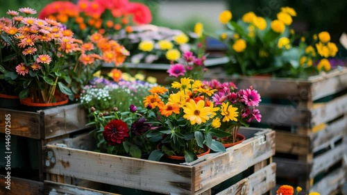 Wallpaper Mural Colorful potted flowers in wooden crates at market or garden center, featuring daisies and marigolds. Torontodigital.ca