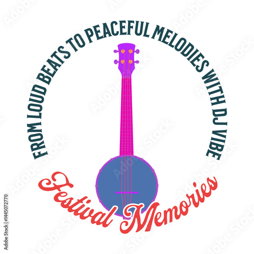 Music Festival Vibes: A colorful illustration of a ukulele dominates, encircled by text "From Loud Beats to Peaceful Melodies with DJ Vibe". Capturing the essence of a vibrant music festival