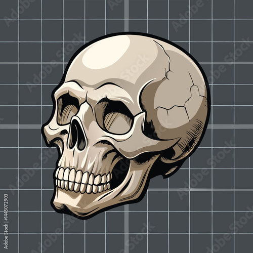 A detailed, three-quarter view of a human skull against a gray grid background.