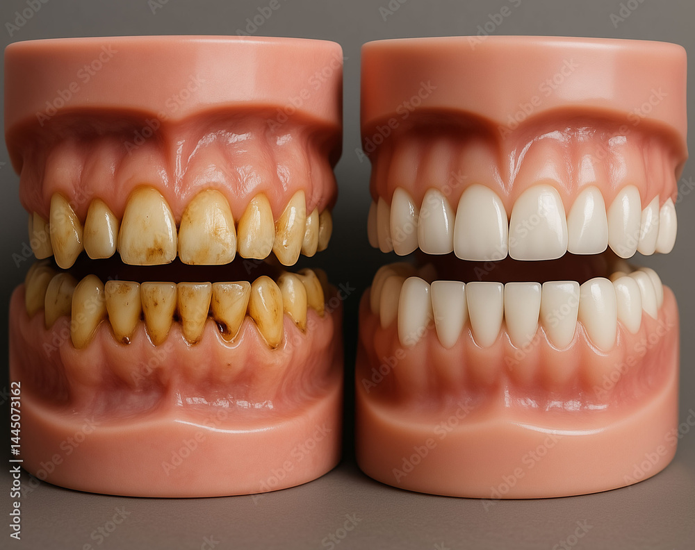 Obraz premium Comparison of good healthy teeth and bad damaged teeth with visible cavity decay discoloration and gum problems for dental education hygiene prevention and oral health awareness
