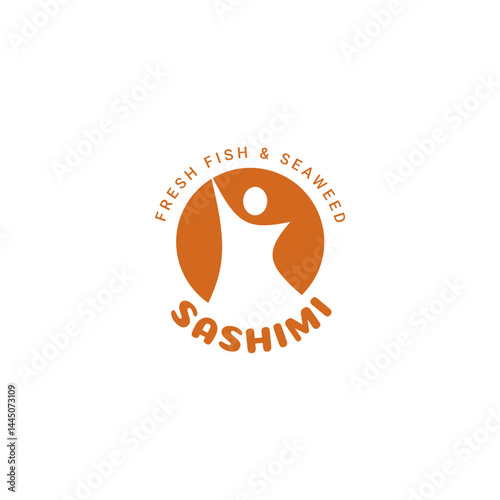 Fresh Fish & Seaweed Sashimi Logo: A vibrant logo design featuring a stylized human figure reaching towards a circle representing the sun.
