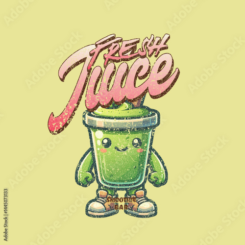 Cute Juice Cartoon tshirt design: A cheerful cartoon character in the shape of a green juice cup, wearing sneakers and smiling, promotes the freshness and appeal of fresh juice.