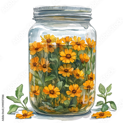 Calendula In A Jar Of Colored Pencils, watercolor vector, isolated on a white background.