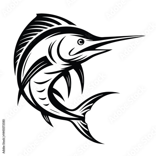 Monochrome Marlin Silhouette Striking Black and White Fish Icon Isolated on White
