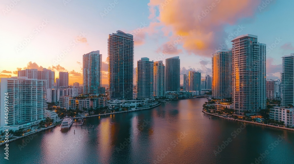 Fototapeta premium Aerial View of a City Skyline at Beautiful Sunrise