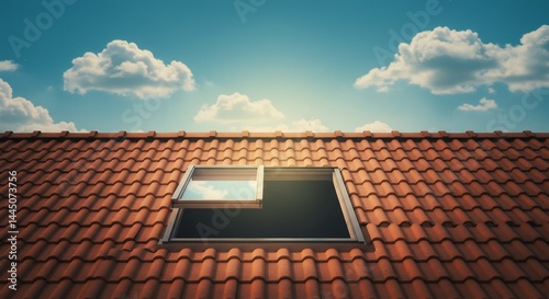 屋根窓から輝く陽光 穏やか空