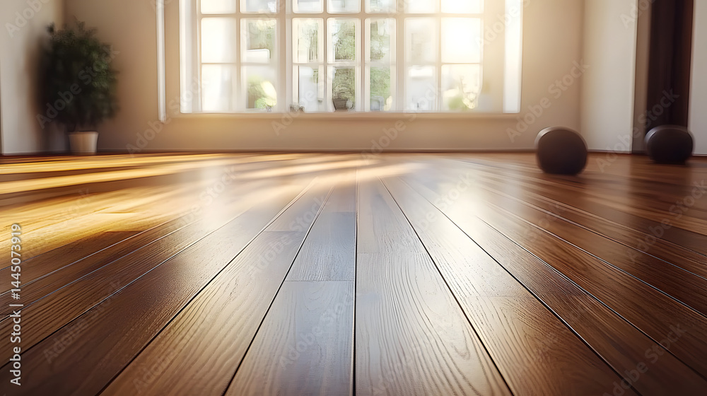 A polished wooden floor in a minimalist yoga studio A polished wooden floor in a minimalist yoga studio