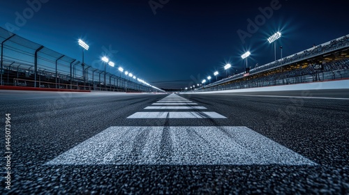 Night race track start line, illuminated, grandstands