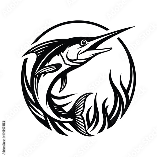 Black Marlin Fish Jumping Silhouette With Seaweed Circle, Aquatic Life