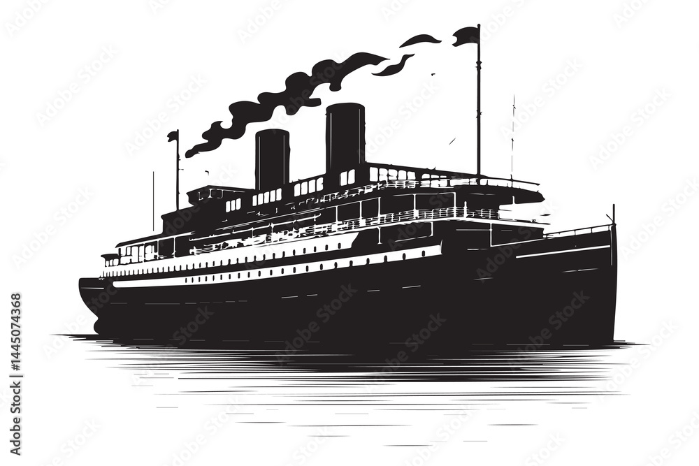 Obraz premium Retro Ocean Liner Illustration – Black and White Steamboat Scene