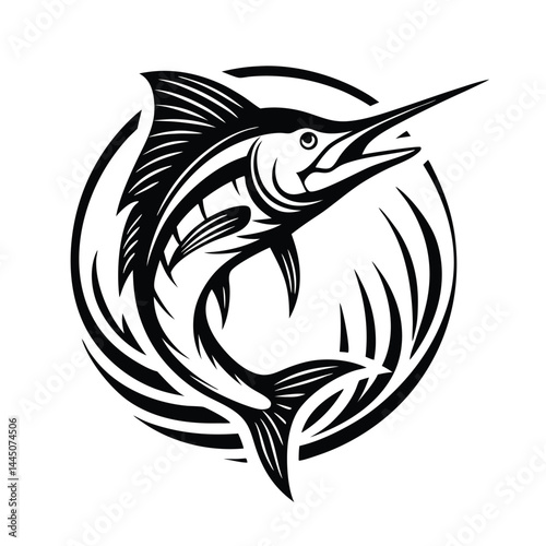 Black & White Marlin Fish Silhouette, Circular, Minimalist Style, Isolated Art