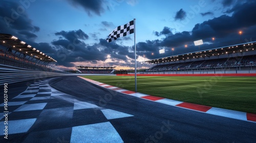 Race track finish line, checkered flag, stadium sunset