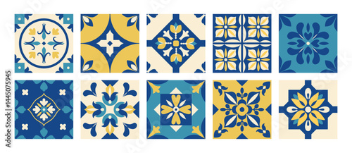 Mediterranean geometric tiles. Mediterranean pattern and background. Italian, Portuguese, Spanish, Moroccan traditional style. Blue and yellow abstract mosaic. Vector illustration.