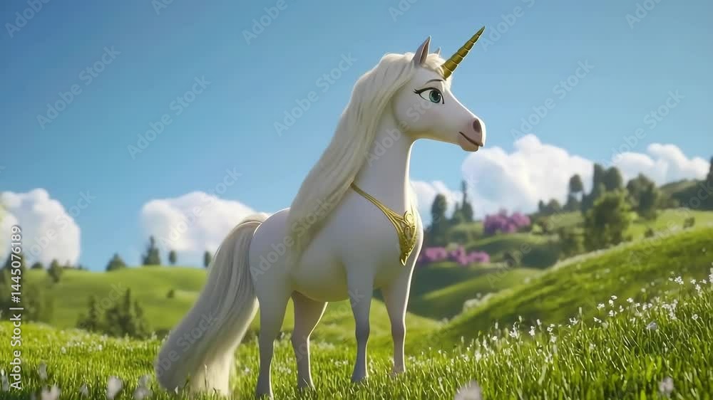 Magical white unicorn with golden horn and necklace standing in a sunny green meadow with wildflowers under a blue sky