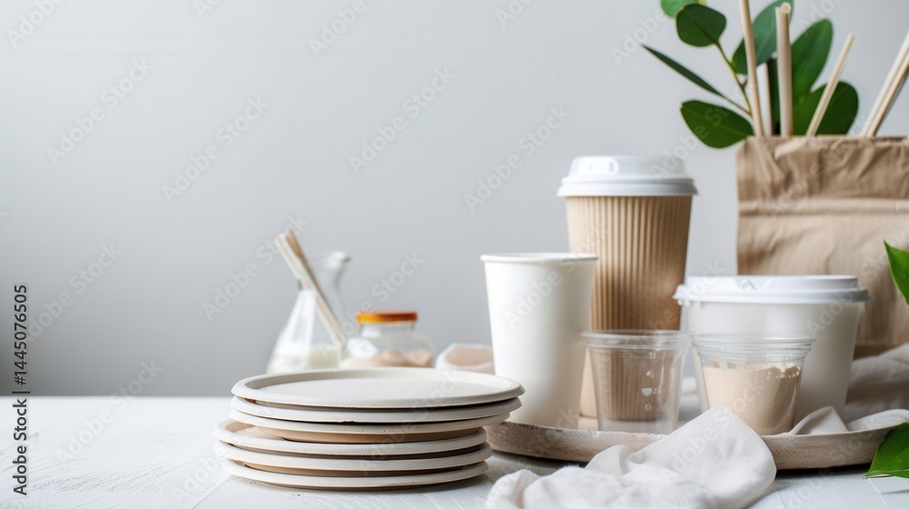 Fototapeta premium Eco-Friendly Disposable Tableware for Takeout and Catering Needs