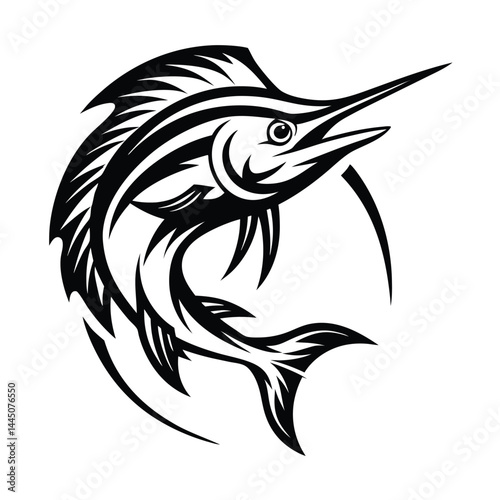 Detailed Black and White Marlin Fish Design, Seafood Silhouette, Ocean Creature Art