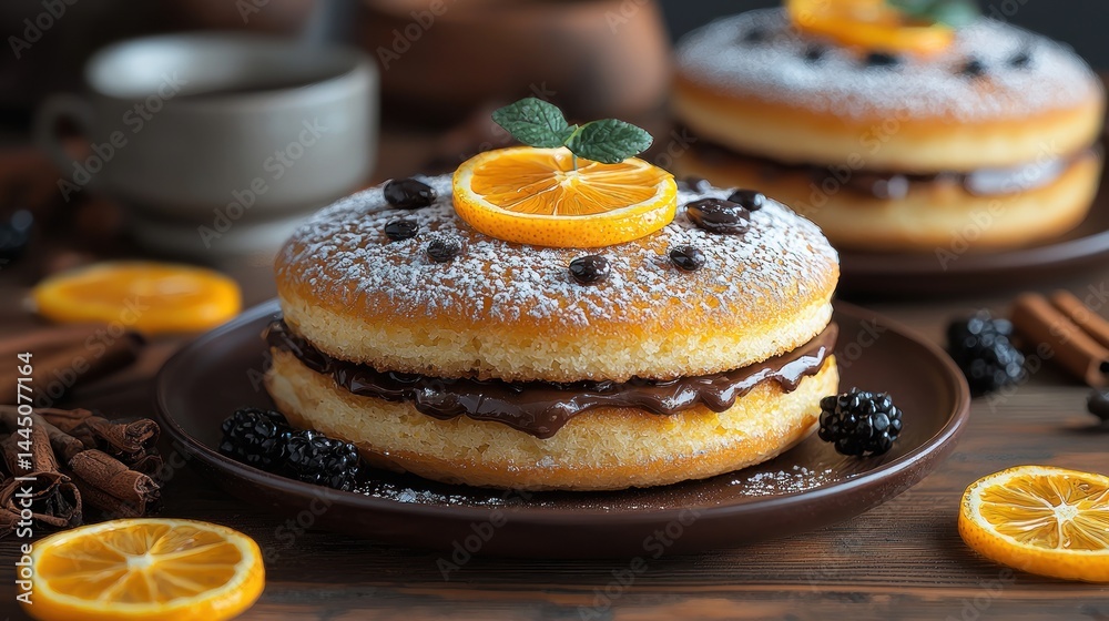 Delicious chocolate cream cake with orange slices and powdered sugar, served on a dark plate.