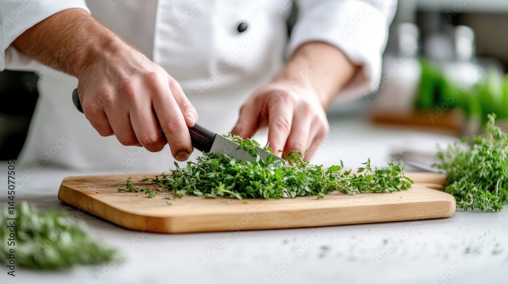 A chef chopping fresh green herbs on a wooden cutting board in a bright kitchen, close-up of hands and knife, and culinary preparation concept. A chef chopping fresh green herbs on a wooden cutting board in a bright kitchen, close-up of hands and knife, and culinary preparation concept.