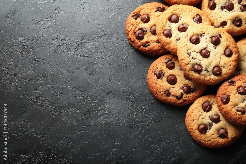 Delicious chocolate chip cookies on dark background, top view, copy space.
