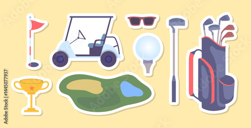 Cartoon Color Different Golf Equipment Stickers Set Sport Concept Flat Design Style. Vector illustration of Player Bag, Putter, Ball, Hole, Course, Gloves, Cup and Car