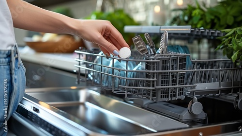Hand placing a detergent tablet into a modern dishwasher filled with utensils in a sleek kitchen setting. photo