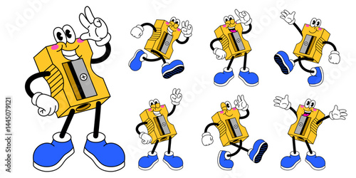 Cartoon Set of Happy Pencil Sharpener in Retro Style